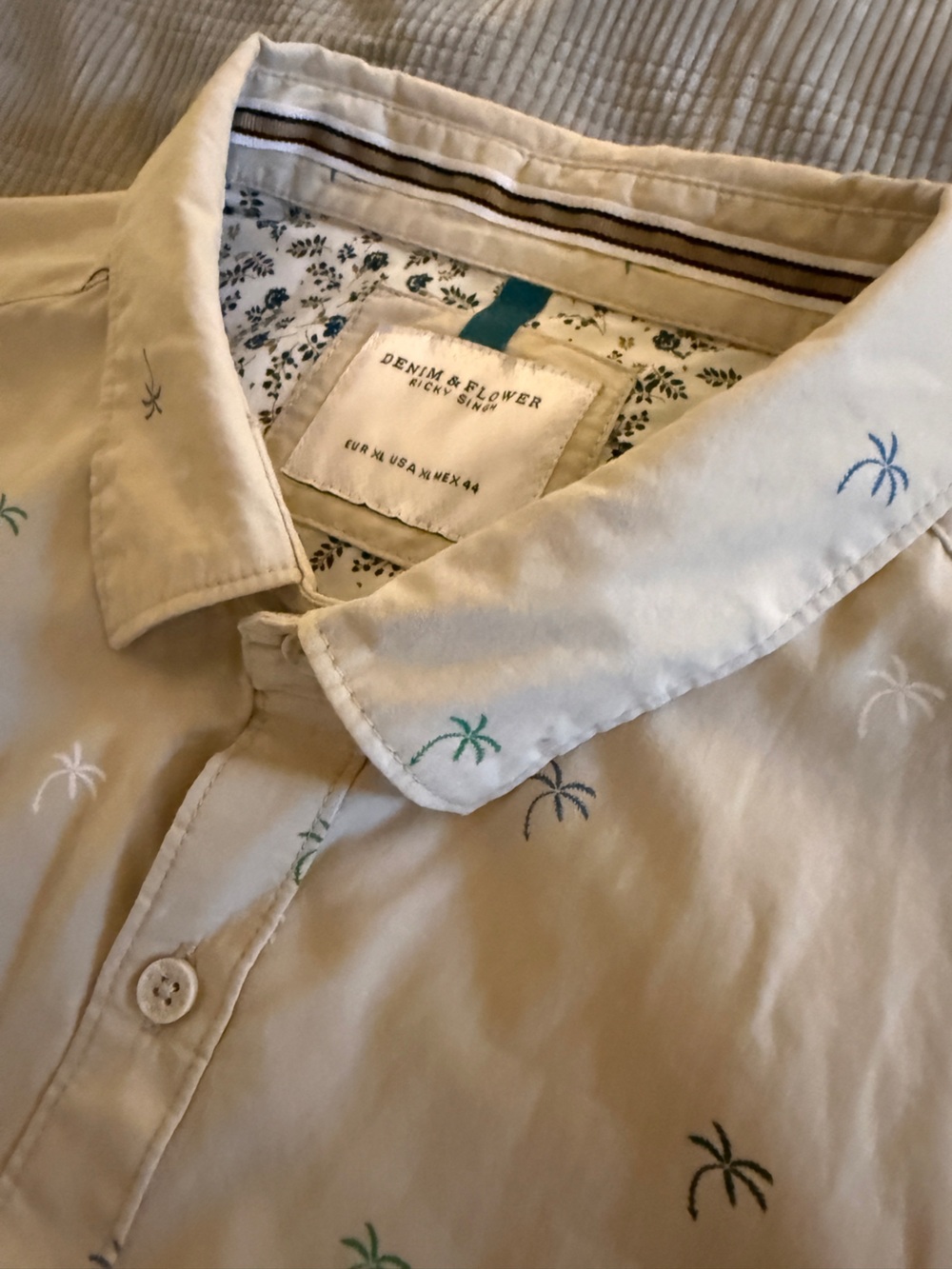 Denim & Flower Ricky Singh Men’s Palm Tree Shirt – Size XL – Beige Multicolor